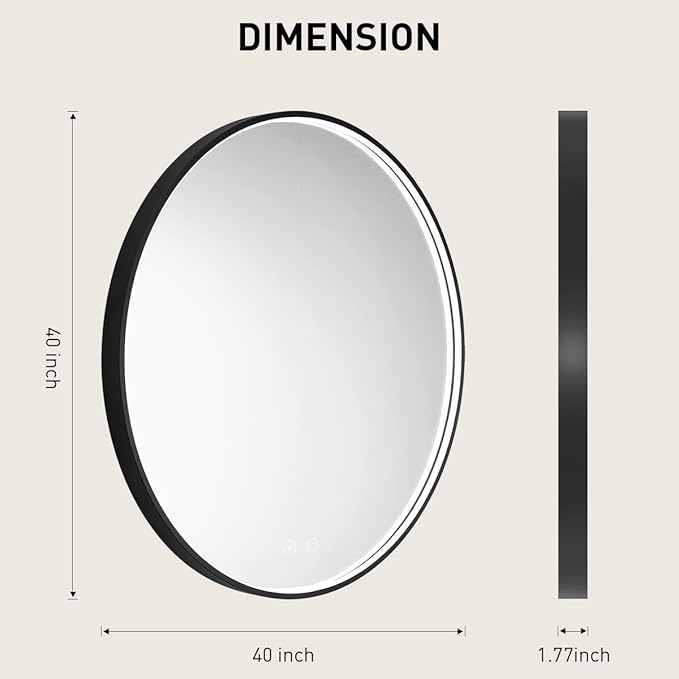 40" Round LED Bathroom Mirror, Dimmable Anti-Fog Vanity Mirror with Touch Control, 6000K Natural Light, Black Metal Frame, Wall Mounted for Makeup Shaving (IP54, 90+ CRI)