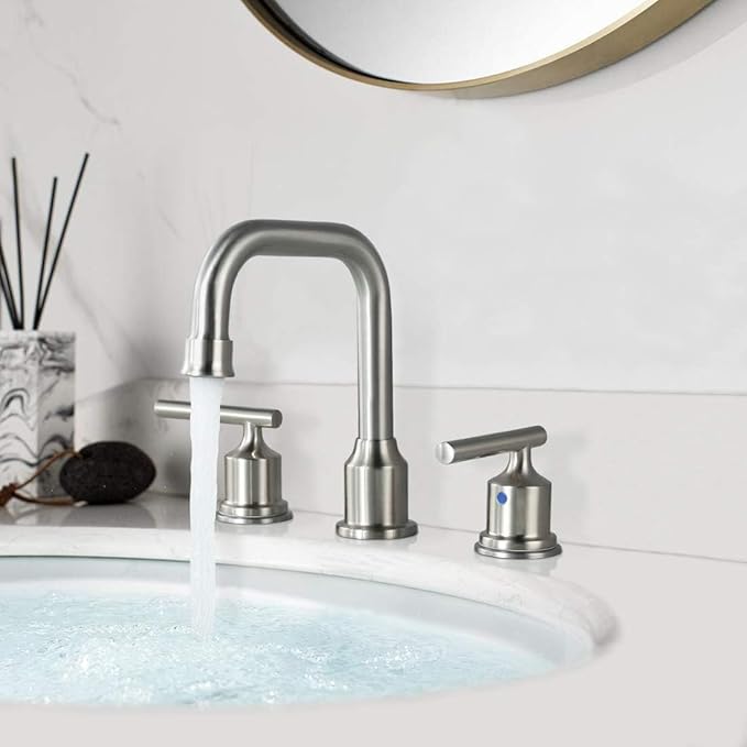 WOWOW Brushed Nickel Bathroom Faucet: Widespread Bathroom Sink Faucet Set 3 Hole with Pop-up Drain and Supply Lines, 8 Inch Vanity Faucet 3 Pieces Basin Tap 2 Handle Modern (2 Pack)
