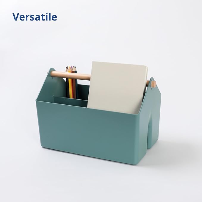 BLUE GINKGO Medium Storage Basket – Plastic Caddy with Wooden Handle for Office, Arts & Crafts, or Home Supplies (Green)