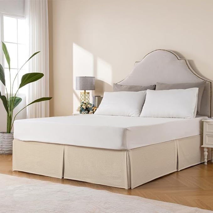 MIYE Pleated Waffle Weave Bed Skirt, Tailored Dust Ruffle 18 Inch Drop Easy Fit, Machine Washable,No Split Corners (Beige, Queen - 18" Drop)