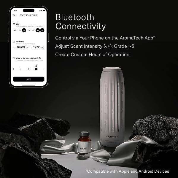 AromaTech Ambience Scent Diffuser for Essential Oil Blends & Fragrances – Waterless Scent Machine w/Bluetooth for Home, Bathroom Boutiques, Hotel, Spa – Charcoal Acrylic