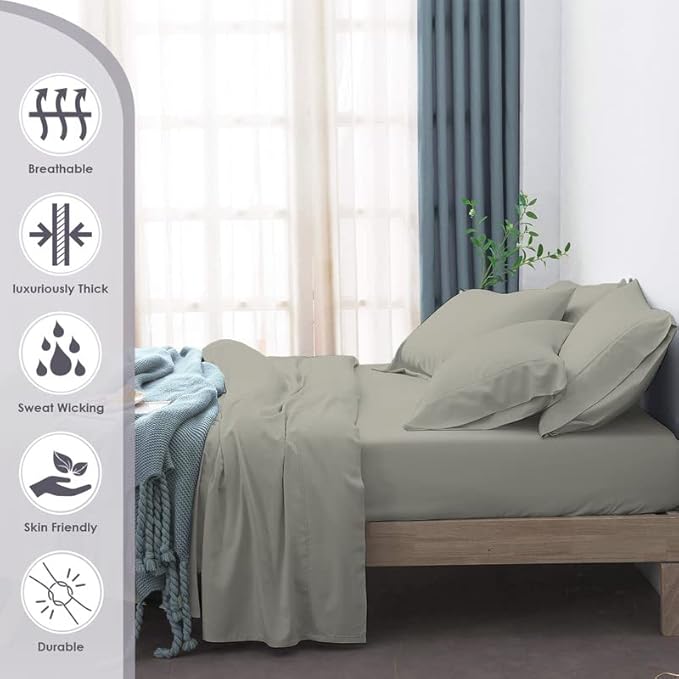 Pizuna Pure 100% Cotton 6pc King Size Sheets, 800 Thread Count Long Staple Crisp Sateen With 15" Deep Pocket (Combed Silver)