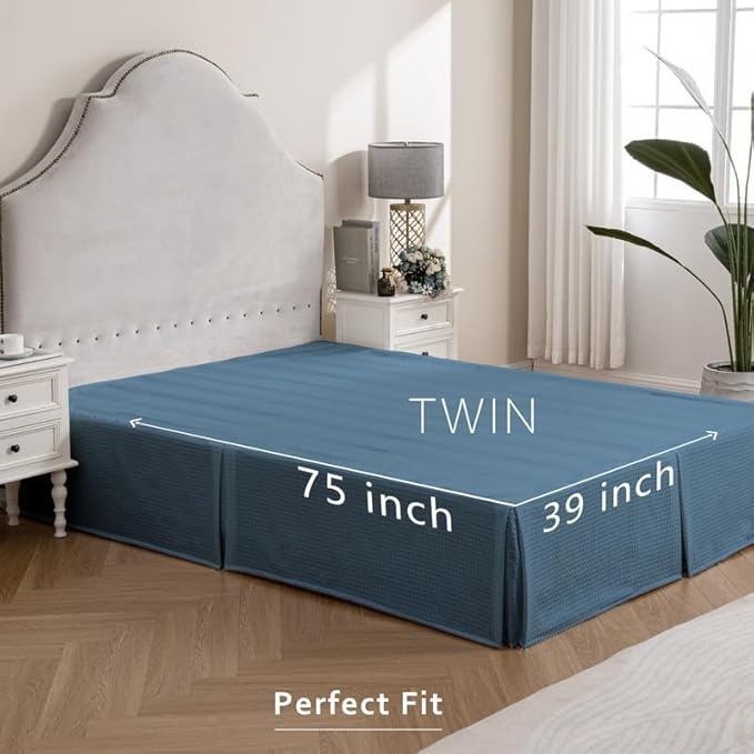 MIYE Pleated Waffle Weave Bed Skirt, Tailored Dust Ruffle 18 Inch Drop Easy Fit, Machine Washable (Blue, Twin - 18" Drop)