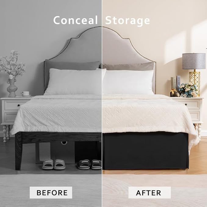 MIYE Pleated Waffle Weave Bed Skirt, Tailored Dust Ruffle 16 Inch Drop Easy Fit, Machine Washable (Black, Twin - 16" Drop)