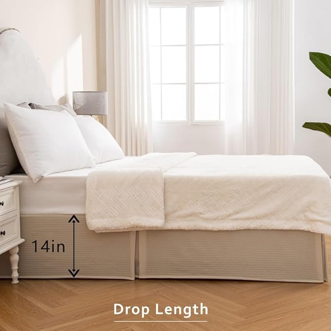 MIYE Pleated Waffle Weave Bed Skirt, Tailored Dust Ruffle 14 Inch Drop Easy Fit, Machine Washable,No Split Corners (Beige,Cal King - 14" Drop)