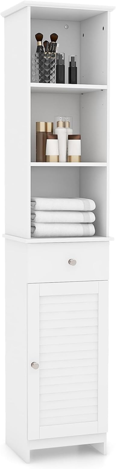 Giantex 64.5” Tall Bathroom Cabinet, Narrow Floor Storage Cabinet with Adjustable Shelves, 1 Door & 1 Drawer, Anti-Toppling Design, Modern Storage Organizer for Bathroom, Living Room, Hallway