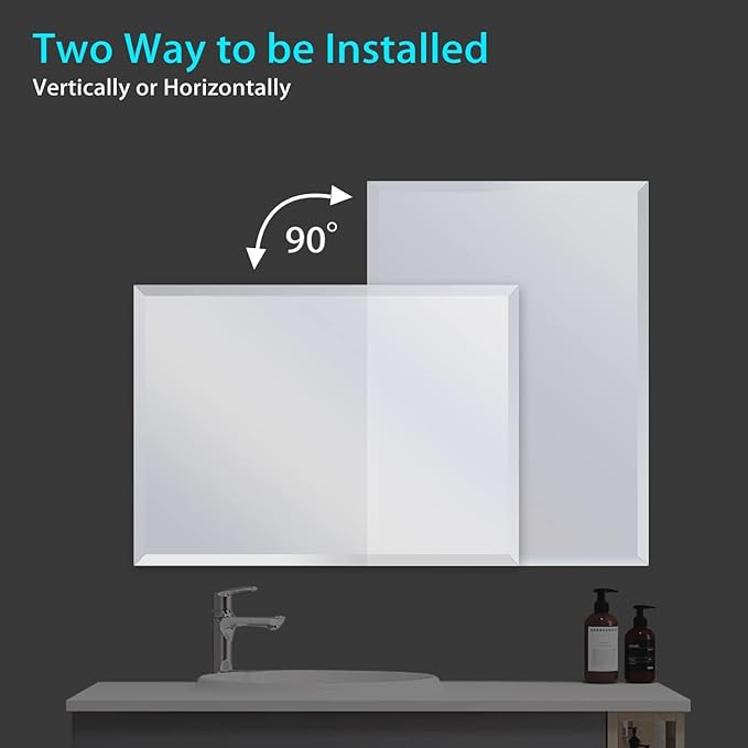 Frameless Beveled Edge Bathroom Mirror 55x30 Inch Rectangle Wall Mirror Explosion Proof and Shatterproof Bathroom Vanity Mirror Wall Mounted Hang Firmly (Horizontal or Vertical)