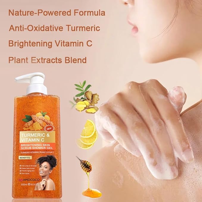 Turmeric Orange Vitamin C Body Wash with Cocoa Seed Exfoliant, Mattifying Scrub for Uneven Skin Texture, Body-Only Daily Use, 16.9 fl oz
