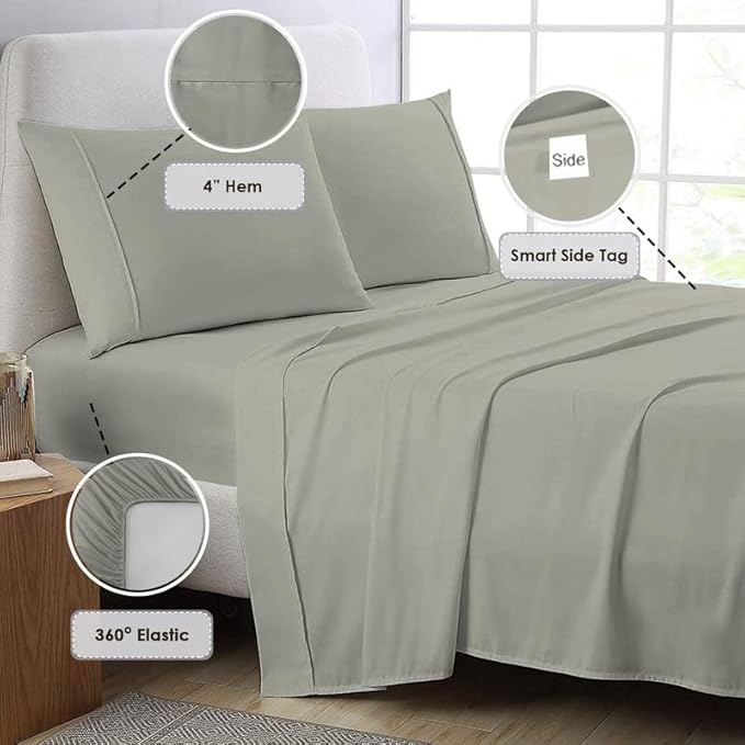 Pizuna Pure 100% Cotton Queen Size Sheet Set New Silver, 800 Thread Count 100% Long Staple Cotton Sateen Queen Sheet Set with 15" Deep 2 Extra Pillowcases (Combed Cotton Bed Sheet Set)