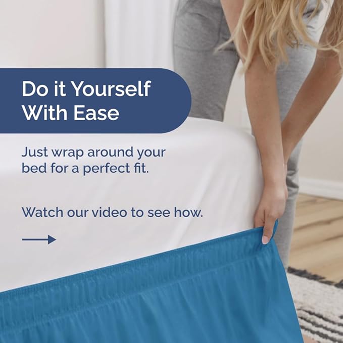 Wrap Around Dust Ruffle Bed Skirt - Denim Blue - for Queen Size Beds with 12 Inch Drop - Elastic Strap - Adjustable Pleated Bedskirt with Brushed Fabric and Wrinkle Free - For Women, Men, Kids & Teens