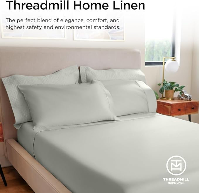Threadmill 100% Cotton Sheets for Queen Size Bed - 600 Thread Count Queen Bed Sheets Set with 16” Deep Pocket - Sateen Weave 4-Piece Bedding Set with Cooling Effect, Light Grey