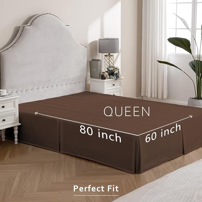 MIYE Pleated Waffle Weave Bed Skirt, Tailored Dust Ruffle 18 Inch Drop Easy Fit, Machine Washable (Brown, Queen - 18" Drop)