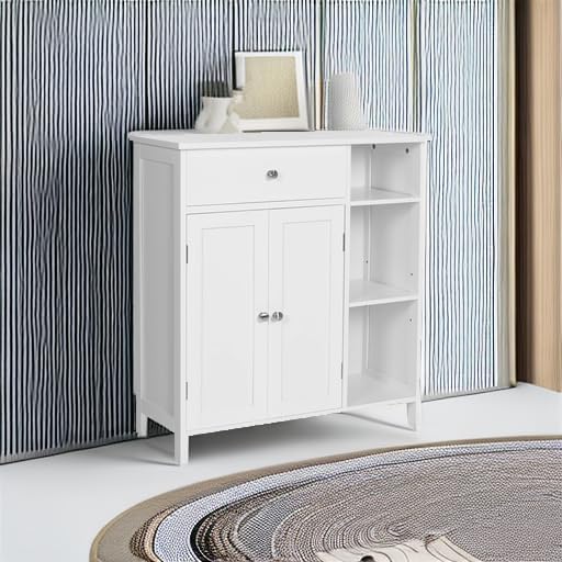 VASAGLE Floor Storage Cabinet with Drawer, Freestanding Cabinet with Doors, 3 Open Compartments, Adjustable Shelves, 11.8 x 29.5 x 31.5 Inches, for Bathroom, Living Room, Cloud White UBBC142W01