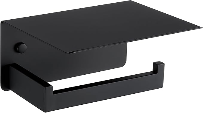 Angle Simple Toilet Paper Holder with Shelf Matte Black, 304 Stainless Steel Lavatory Tissue Roll Holder for Wall