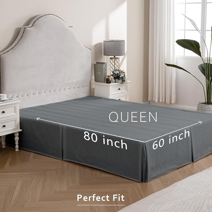 MIYE Pleated Waffle Weave Bed Skirt, Tailored Dust Ruffle 16 Inch Drop Easy Fit, Machine Washable (Dark Grey, Queen - 16" Drop)