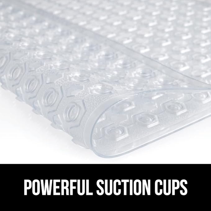 GORILLA GRIP Patented Bath Tub Shower Mat, Machine Washable Bathtub Floor Liner Mats, Suction Cups and Drain Holes to Keep Tubs Clean, Soft on Feet, Bathroom Essentials, 35x16 Inch, Clear