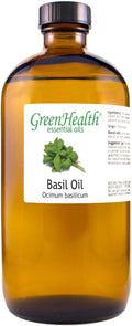 Basil Essential Oil – 16 fl oz (473 ml) Amber Glass Bottle – 100% Pure, Undiluted, Therapeutic Grade – Fresh, Herbaceous Aroma – GreenHealth
