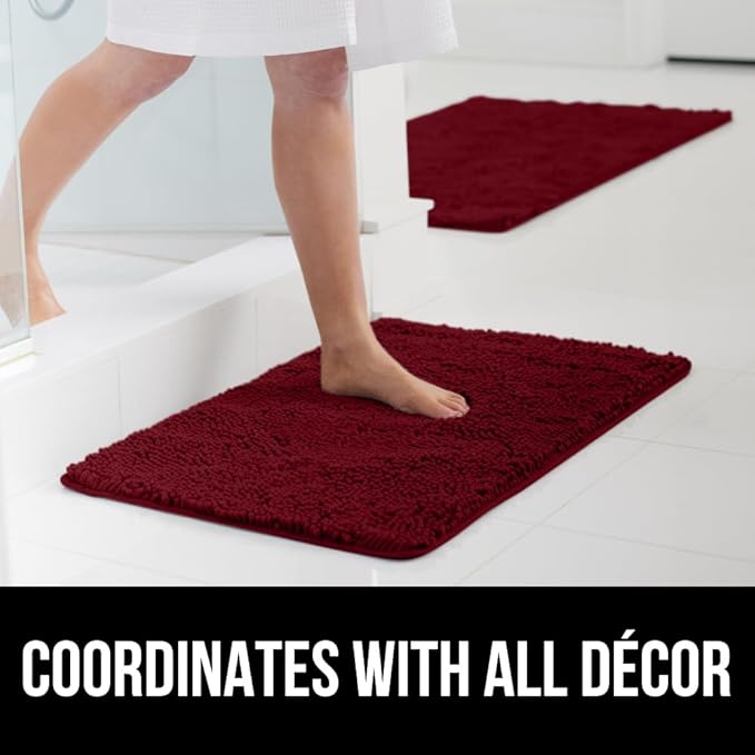 GORILLA GRIP Bathroom Rug Sets 3 Piece, Bath Mat Set and Oval Toilet Base with Rubber Backing, Plush Absorbent Shaggy Chenille Washable Mats, Includes 24x19.5, 24x17 and 36x24 Inch Rugs, Burgundy