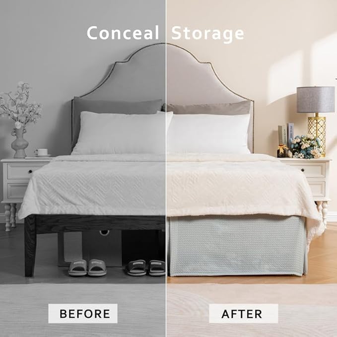 MIYE Pleated Waffle Weave Bed Skirt, Tailored Dust Ruffle 12 Inch Drop Easy Fit, Machine Washable (Light Grey, Twin - 12" Drop)