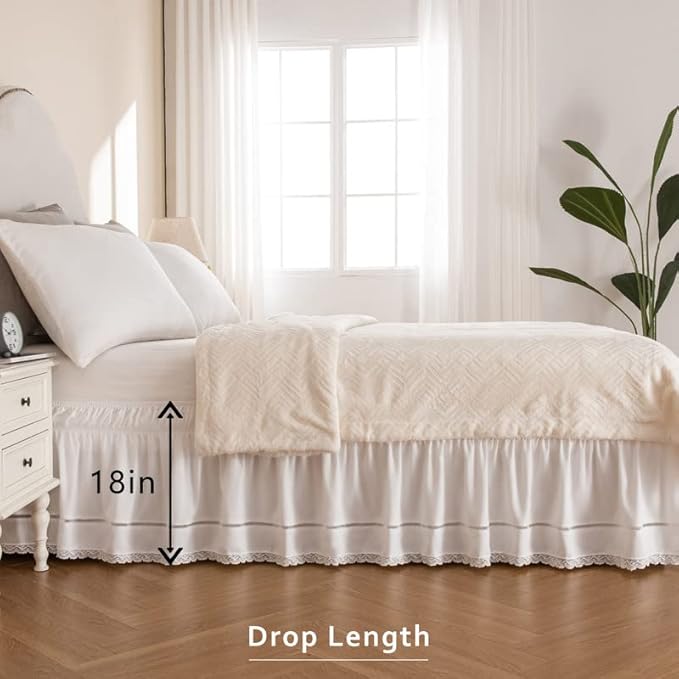MIYE Wrap Around Ruffled Lace Bed Skirt, Elastic Dust Ruffle with Adjustable Belts, Easy to Put On, Bed Frame Cover, Machine Washable (Floral Lace/White, Full/Twin-18 Drop)