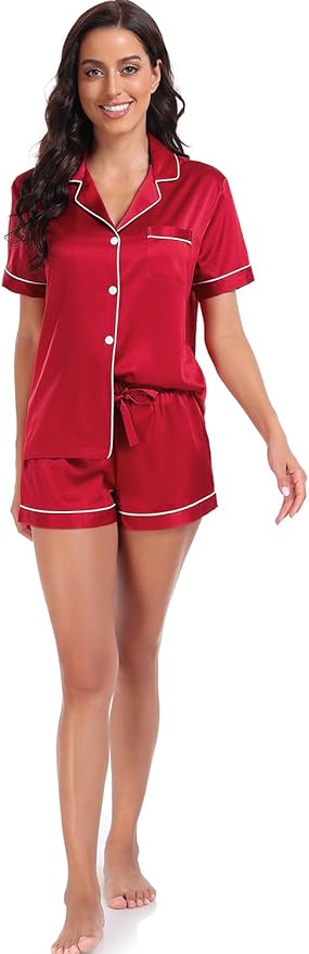 Women's Satin Pajama Set 2-Piece Sleepwear Loungewear Button Down Short Sleeve Silky PJ Set