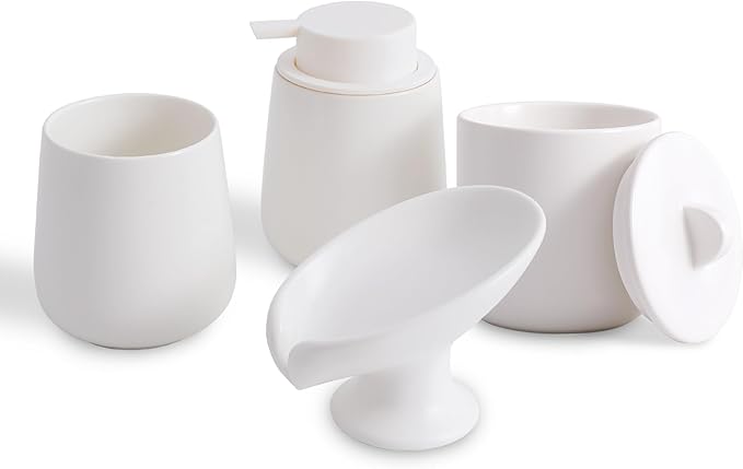 Ceramic Bathroom Accessories Set,Includes Liquid Soap Dispenser, Toothbrush Holder, Soap Dish, Cotton Swab Jar,Bathroom soap and Toothbrush Holder Set,Classic Design(White Set - Liquid)