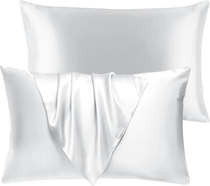 BHZ Satin Goose Down Feather Pillows Queen Size Set of 2 with White Satin Pillowcase for Hair and Skin, Cooling Pillow Cases Similar to Silk Pillow Cases, Decorative for Women, Mom Men
