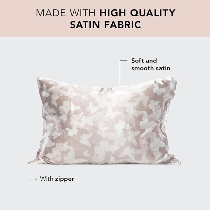 Kitsch Satin Pillowcase with Zipper for Hair & Skin, Softer Than Silk Pillow Cases Queen, Wrinkle-Free, Smooth and Cooling Satin Pillow Covers, Standard Size 19"x26", Champagne Butterfly