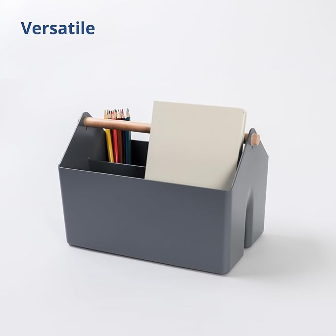 BLUE GINKGO Medium Storage Basket – Plastic Caddy with Wooden Handle for Office, Arts & Crafts, or Home Supplies (Gray)