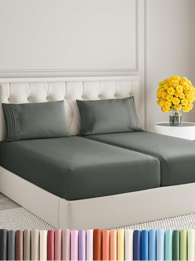 Split King Size 5 Piece Sheet Set - Extra Soft, Breathable & Cooling Sheets - Hotel Luxury Bed Sheets for Women & Men - Deep Pockets, Easy-Fit & Wrinkle-Free Sheets - Gunmetal Grey Oeko-Tex Bed Sheets
