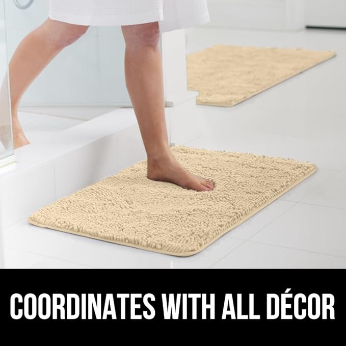 GORILLA GRIP Bath Rug Mat, Thick Soft Absorbent Chenille, Quick Dry Microfiber Mats, Rubber Backing Washable Shower Floor Rugs, Bathmat Runner, US Designed Bathroom Home Decor Accessories 24x17, Sand