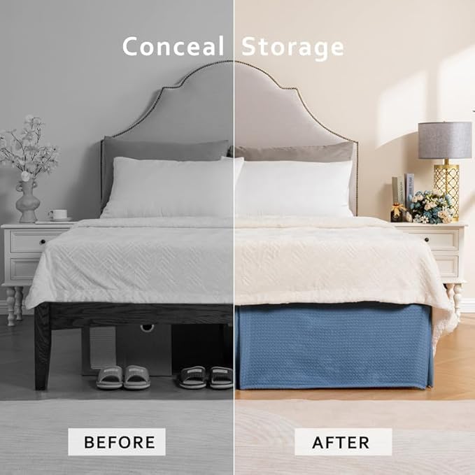 MIYE Pleated Waffle Weave Bed Skirt, Tailored Dust Ruffle 12 Inch Drop Easy Fit, Machine Washable (Blue, Queen - 12" Drop)