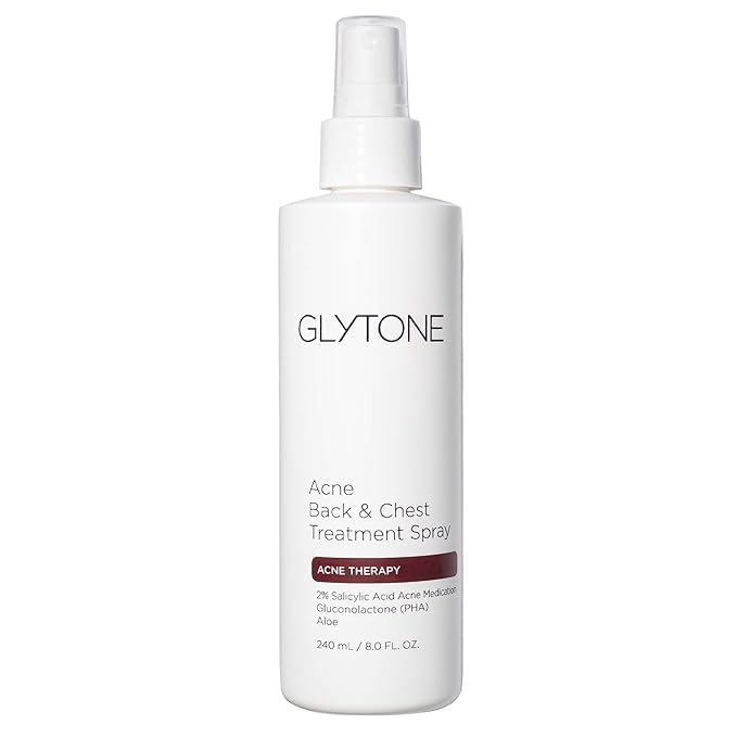 Glytone Chest & Back Acne Treatment Spray – 2% BHA Salicylic Acid with Gluconolactone – Body Acne Treatment for Bacne & Blackheads – Quick-Dry & Fragrance-Free Spray for Normal to Oily Skin – 8 fl oz