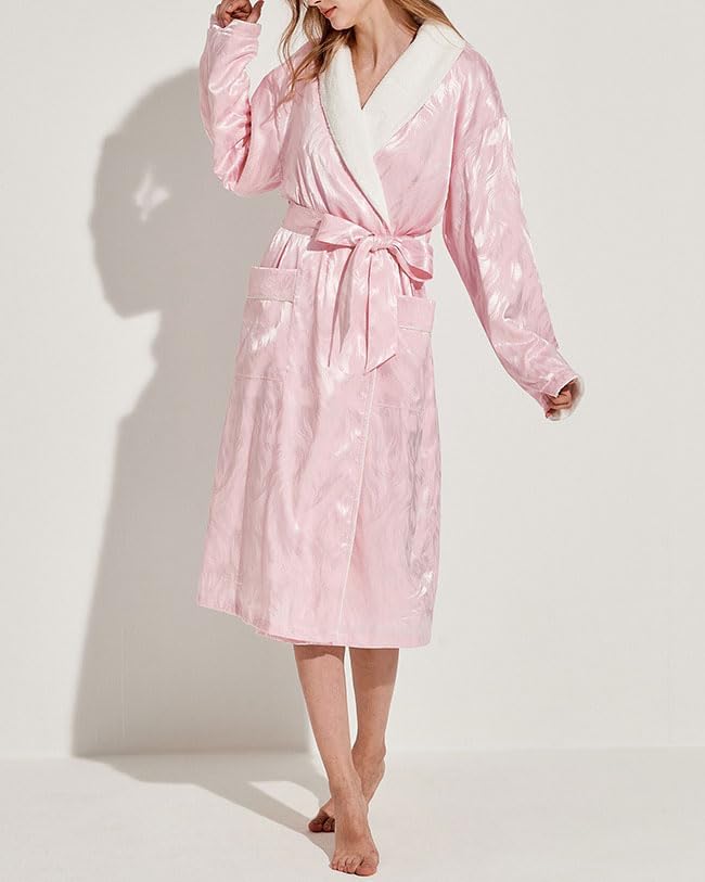 Women's Long Sleeve Fleece Robe with Pockets Jacquard Fluffy Plush Bathrobe