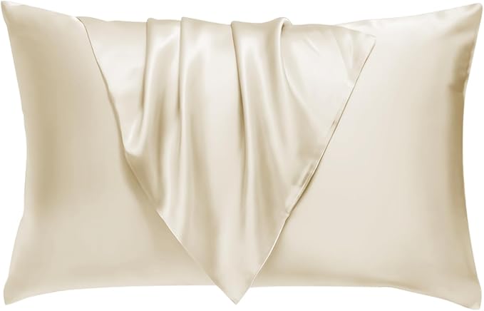 BHZ Satin Goose Down Feather Pillows Standard Size with Beige Satin Pillowcase for Hair and Skin, Cooling Pillow Cases Similar to Silk Pillow Cases, Decorative for Women, Mom Men