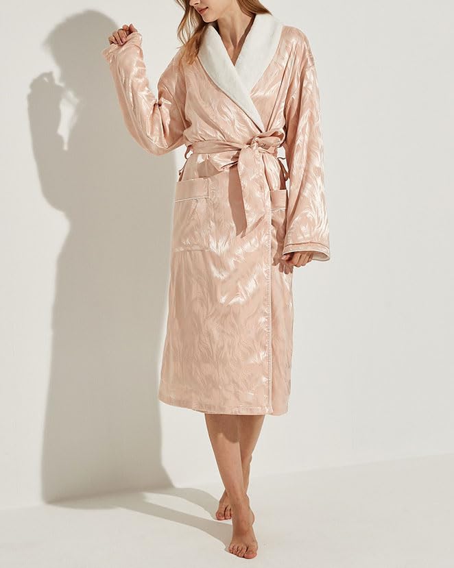 Women's Long Sleeve Fleece Robe with Pockets Jacquard Fluffy Plush Bathrobe