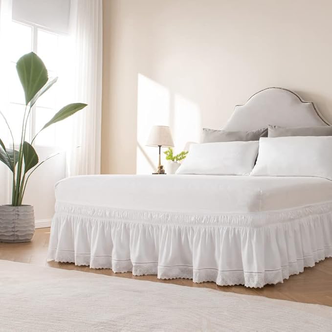 MIYE Wrap Around Ruffled Lace Bed Skirt, Elastic Dust Ruffle with Adjustable Belts, Easy to Put On, Bed Frame Cover, Machine Washable (Embroidered/White, King/Queen-12.5" Drop)