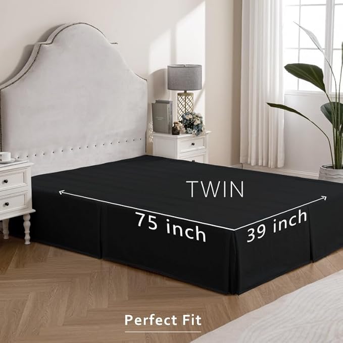 MIYE Pleated Waffle Weave Bed Skirt, Tailored Dust Ruffle 16 Inch Drop Easy Fit, Machine Washable (Black, Twin - 16" Drop)
