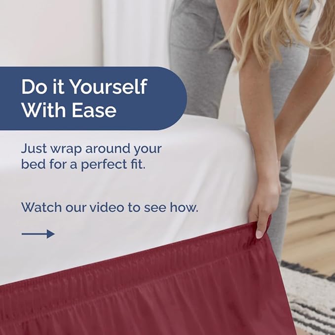 Wrap Around Dust Ruffle Bed Skirt - Burgundy - for King Size Beds with 12 Inch Drop - Easy Fit Elastic Strap - Adjustable Pleated Bedskirt w/Brushed Fabric Wrinkle Free - for Women, Men, Kids & Teens