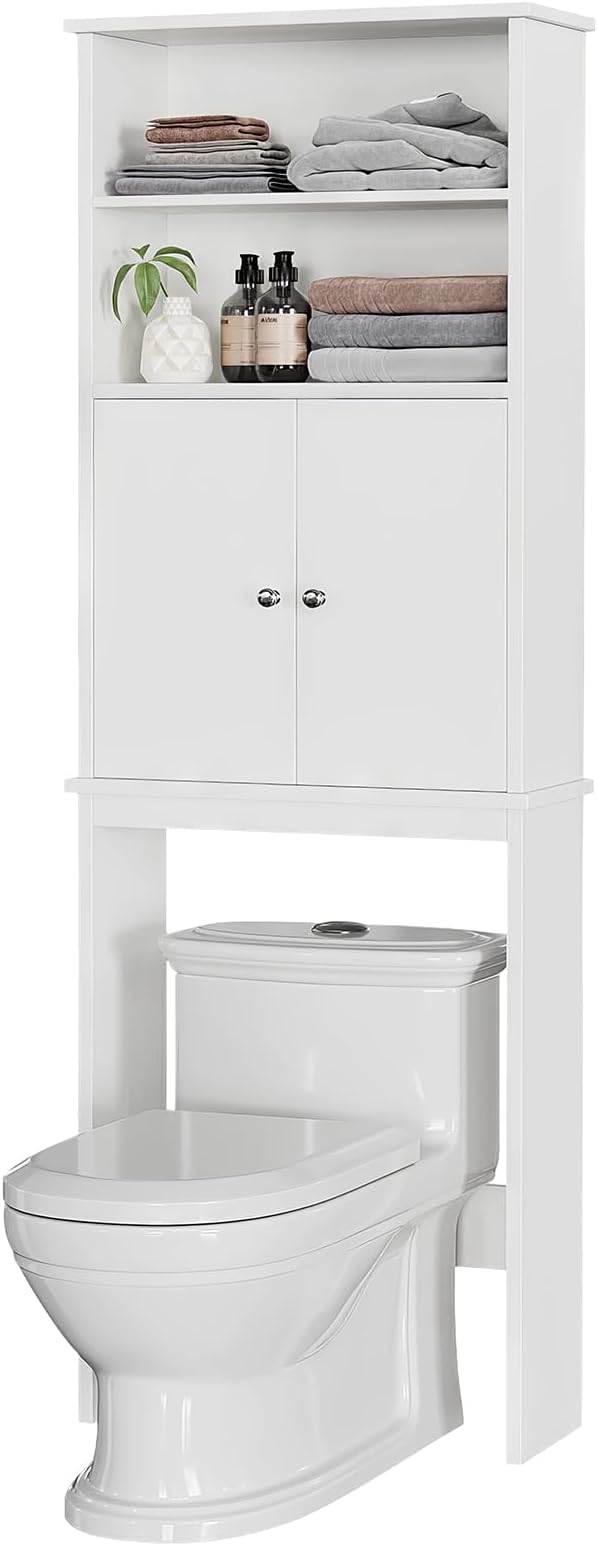Meilocar Over The Toilet Storage Cabinet for Bathroom, Extra Tall Over Toilet Storage, Space Saver W/Adjustable Shelf & Open Storage Shelf, 75in, White