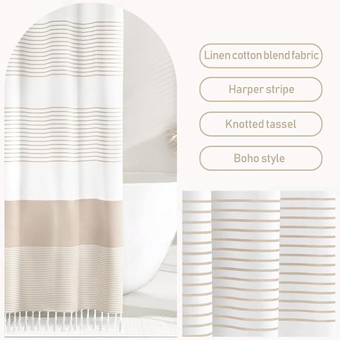 Awellife Boho Beige Shower Curtain for Bathroom Extra Long Cotton Stripe Tassel Shower Curtain 72 X 84 Inches Natural Texture