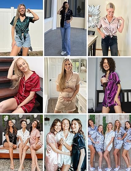 Ekouaer Pajamas for Women Set Silk Satin Pjs Shorts Sleepwear 2 Piece Loungewear S-XXL