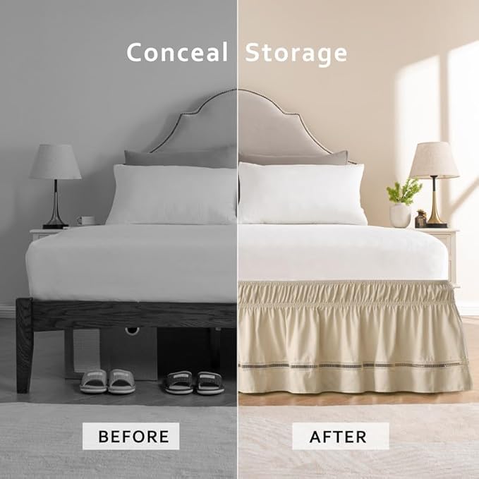 MIYE Wrap Around Ruffled Lace Bed Skirt, Elastic Dust Ruffle with Adjustable Belts, Easy to Put On, Bed Frame Cover, Machine Washable (Ruffled Lace/Beige, King/Queen-15 Drop)
