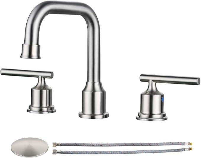 WOWOW 2 Handles 8 inch Widespread High Arc Bathroom Faucet Brushed Nickel Lavatory Faucet 3 Hole 360°Swivel Spout Modern Sink Basin Faucets