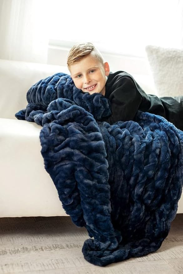 Minky Couture Hugs Blanket - Extra Plush Blanket for Premium Gifting - Stretchy Bubbled Cozy Throw - Silky Smooth - Durable & Machine-Washable - Travel-Friendly - Grande, Navy