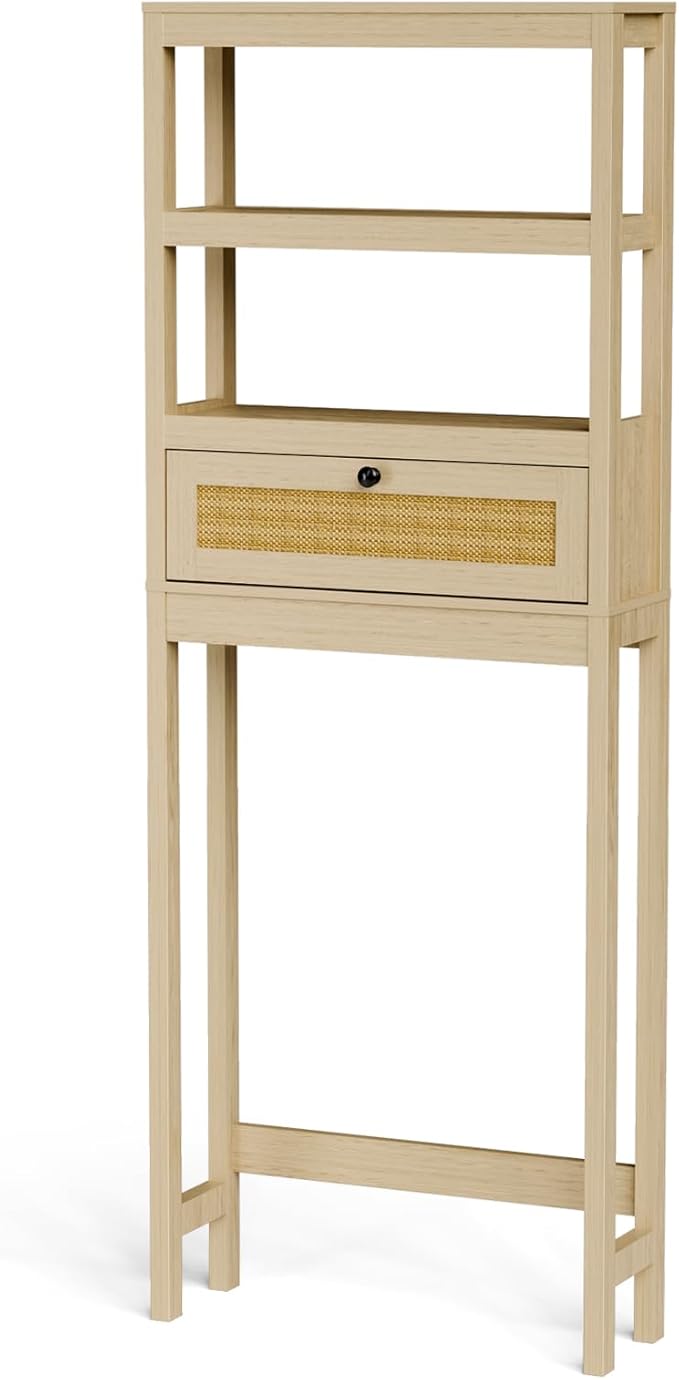 Over The Toilet Storage Cabinet, 3-Tier Behind Toilet Bathroom Organizer, Wooden Above Toilet Storage Shelf with Rattan Door, Space Saver for Restroom, Bathroom, Laundry