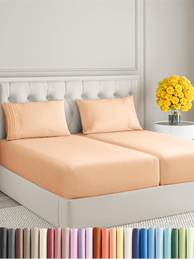 Split King Size 5 Piece Sheet Set - Extra Soft, Breathable & Cooling Sheets - Hotel Luxury Durable Bed Sheets for Women & Men - Deep Pockets, Easy-Fit & Wrinkle-Free Sheets - Peach Oeko-Tex Bed Sheets
