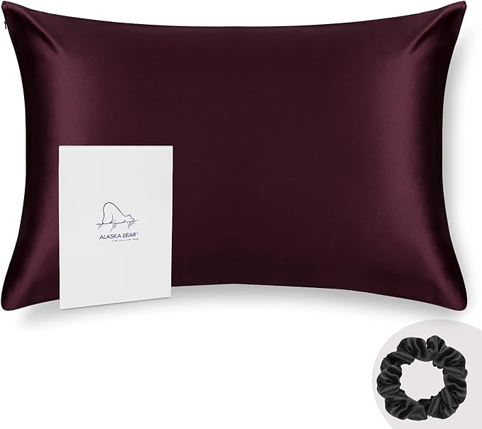 Queen Silk Pillowcase and Random Color Silk Scrunchie Gift Set ALASKA BEAR Hypoallergenic Pillow Cases for Acne Prolong Hairstyles, Eyelashes & Extensions (1pc, Red Burgundy)
