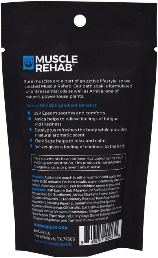 Muscle Rehab| (5) Travel Epsom Soak Packets Arnica, Magnesium Salt, Body, Hand, Foot Pain Relief, Sore Feet Relief, Foot Bath Soak, Epson Salts for Soaking Feet, Stiffness and Pain Relief, Single use