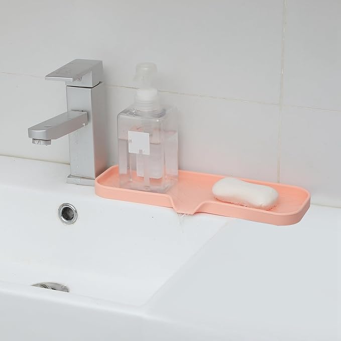Silicone Bathroom Soap Dishes with Drain Spout-Bathroom and Kitchen Sink Organizer,Sponge Holder,Dish Soap Tray,Perfect for Dispenser,Scrubber,Bottle,Cup on Sink or Counter-Pink 12"×4"